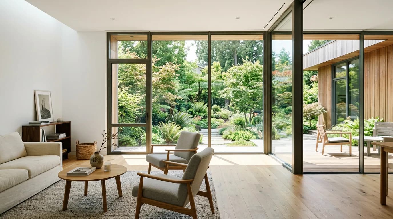 Modernes Haus mit bodentiefen Panoramafenstern und Blick in den Garten